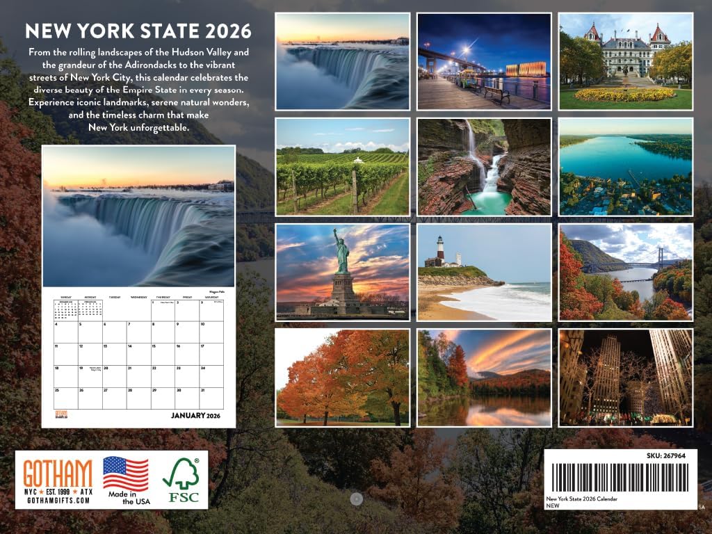 New York State Calendar 2026 Wall 12 Month Monthly NY Scenic Souvenirs New Yorker Themed Gifts | American Made In The USA